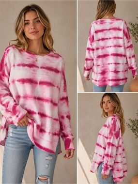 Suzanne Betro Pink & White Tie-Dye Oversized Pullover